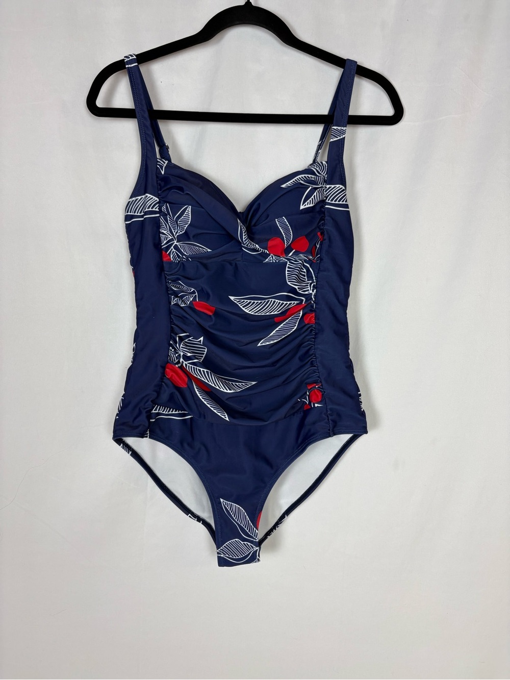 Navy Floral One-Piece Swimsuit with Red Accent Details
